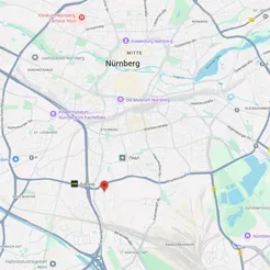 Kartenausschnitt von Nürnberg mit dem Standort der Kfz-Prüfstelle HU Plus
